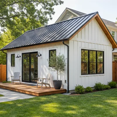 A small, modern white house with black trim and a metal roof. Large windows and sliding glass doors open onto a wooden deck with two chairs and a potted tree. The house is surrounded by green grass, shrubs, and a wooden fence.