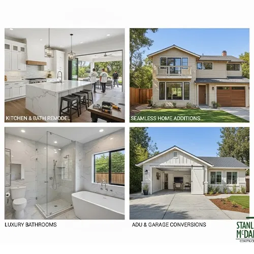 A collage of four home renovation photos: a modern kitchen with white cabinets, a large two-story house, a luxury bathroom with glass shower and bathtub, and a converted garage with white exterior; captions label each renovation type. Stanley McDaniel logo in corner.