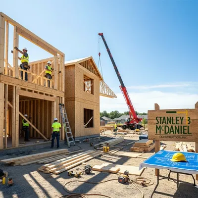 Construction workers in safety gear build a two-story wooden house frame. A red crane operates nearby. Tools, lumber, and blueprints are scattered around. A sign in the foreground reads “Stanley McDaniel Construction, Inc.”, indicating the company at work.