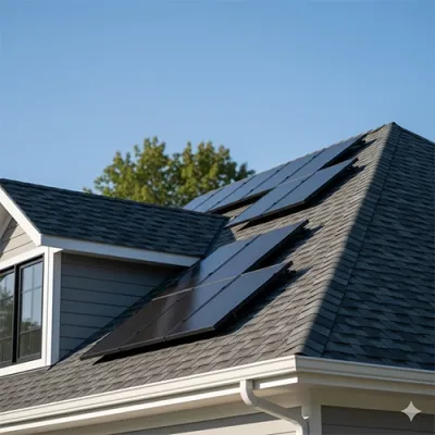 A house with dark gray roof shingles has several black solar panels installed on its sloped roof. The sky is clear and blue, and green trees are visible in the background. The home's siding is gray with white trim around the roof and windows.
